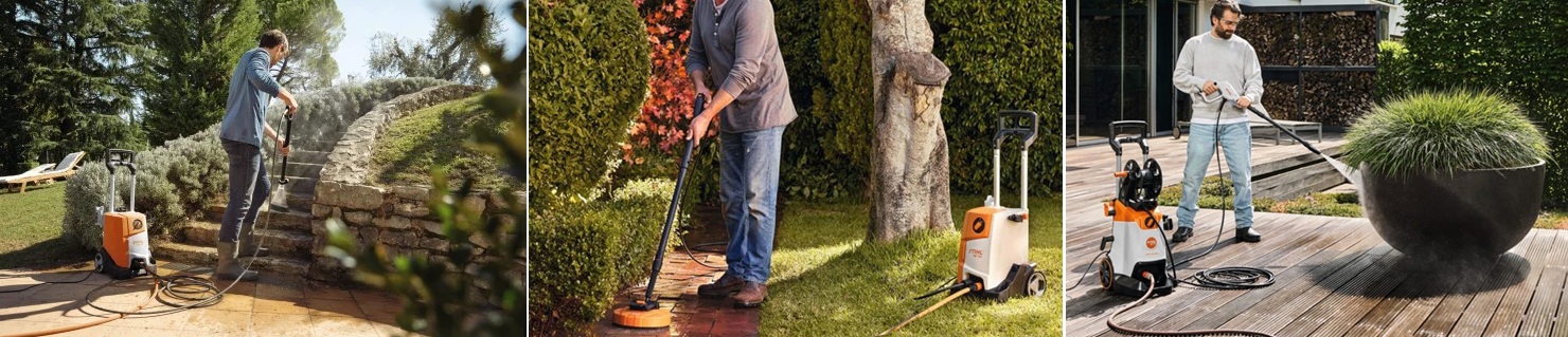 Mytí schodů a chodníku plošným mycím kartáčem STIHL RA 90